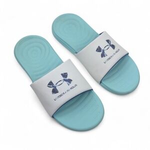 Under Armour Slides Sandals‎ Womens 10 Blue White Ansa Graphic Logo